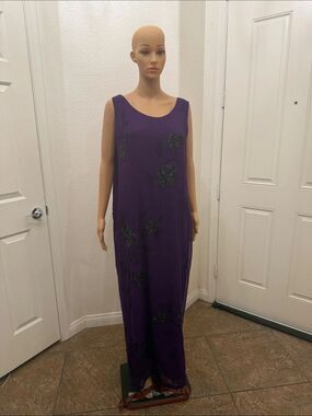 Roaman's Purple Sleeveless Embroidered Maxi Dress Black Beaded Floral Detail 16W